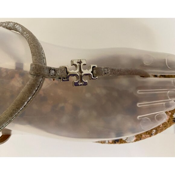TORY BURCH Marion Confetti Quilted T-Strap Sandals Women 6M‎ Silver Logo Shoes - Picture 1 of 15